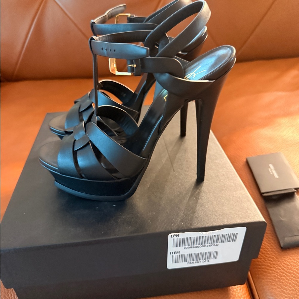 Saint Laurent Black Leather Platform Strappy Sandals with Gold Buckle
